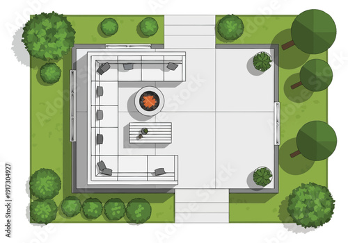 Aerial View of Modern Outdoor Living Space with Sectional Seating and Fire Pit Surrounded by Greenery and Paved Areas furniture icons top view