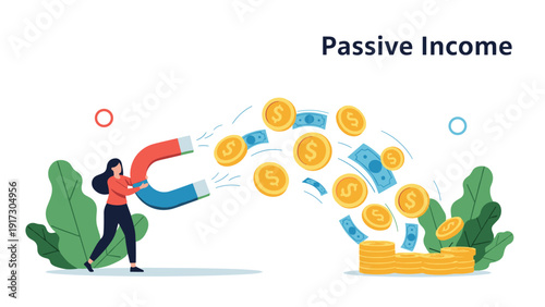 Smiling woman holding a giant horseshoe magnet to attract flying golden coins and dollar bills representing passive income.