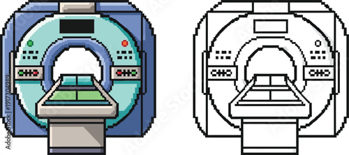 Pixel art illustration of a medical CT or MRI scanner with a patient bed, shown in both color and black and white outline versions, representing diagnostic imaging technology.