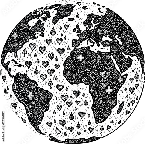 Linocut-style black vector of a globe made of tiny health symbols (hearts, crosses, droplets), engraved style.