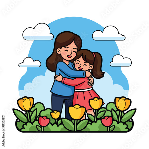 A mother and daughter share a tender hug in a vibrant field of colorful tulips on a sunny day surrounded by fluffy white clouds