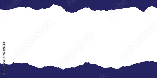 Ripped paper banner with torn edges on dark blue background. Realistic horizontal tear frame with copy space center. Grunge border design for posters, ads, and web headers. 