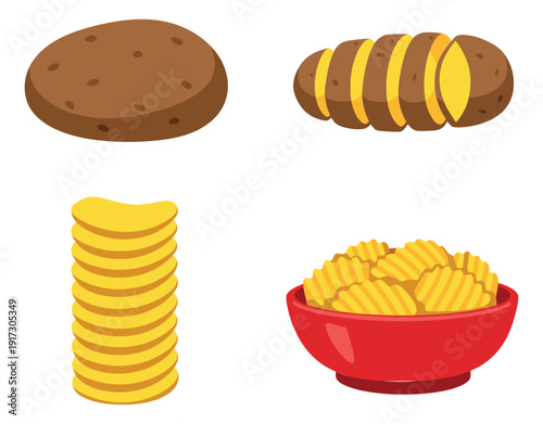 Simple cartoon potato and snack set featuring a whole potato, a sliced potato, stacked potato chips, and a bowl of rippled crisps for culinary and food concepts