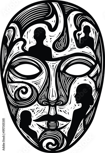 Linocut style black vector mask with abstract human silhouettes inside, engraved texture protection symbol