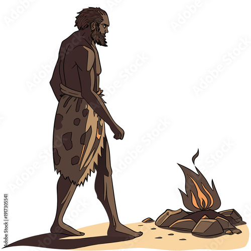 Ancient caveman standing next to campfire human primitive