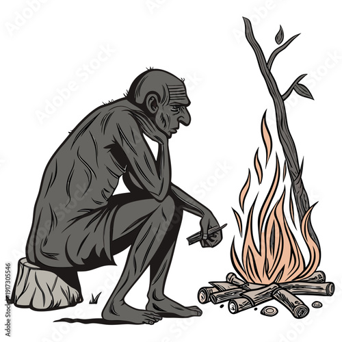 Ancient human sitting by campfire with stick caveman