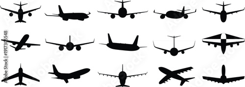 Commercial airplane silhouettes collection showing multiple aircraft angles isolated on white background aviation transport travel design icons vector illustration set