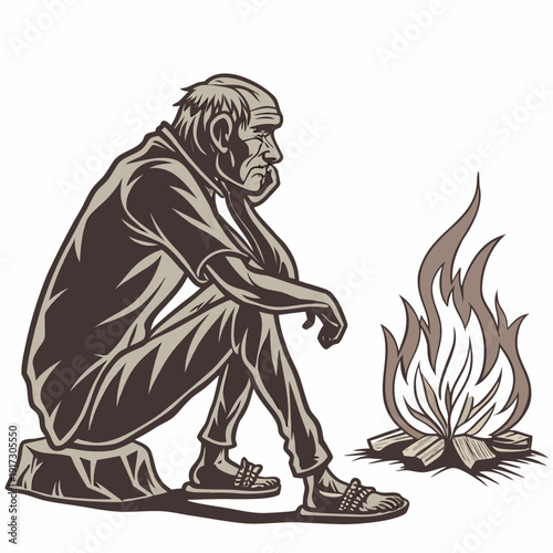 Ancient human sitting by campfire person
