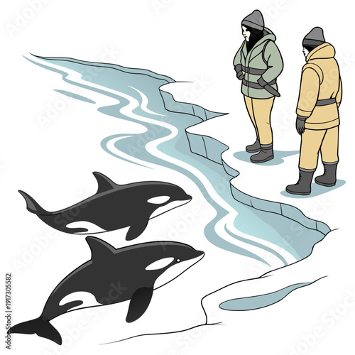 Two men in winter clothing standing on ice looking at orcas swimming in icy waters
