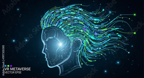 Digital Woman Head with Flowing Hair Made of Lights.