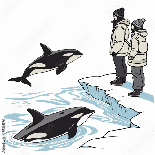Two people watching orcas on iceberg arctic winter