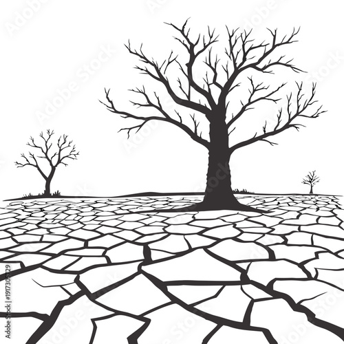 Hyper realistic of extreme drought with bare trees and cracked dry earth