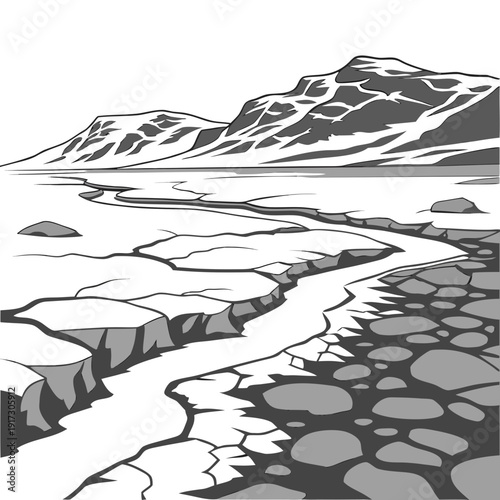 Hyper realistic of melting polar ice sheets and glacier with rocky shoreline