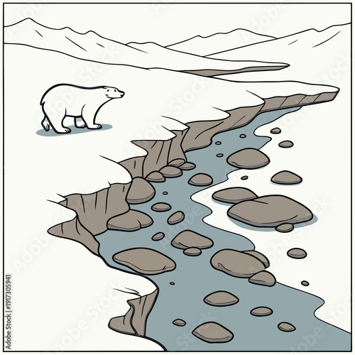 Polar bear standing on melting glacier with rocky river