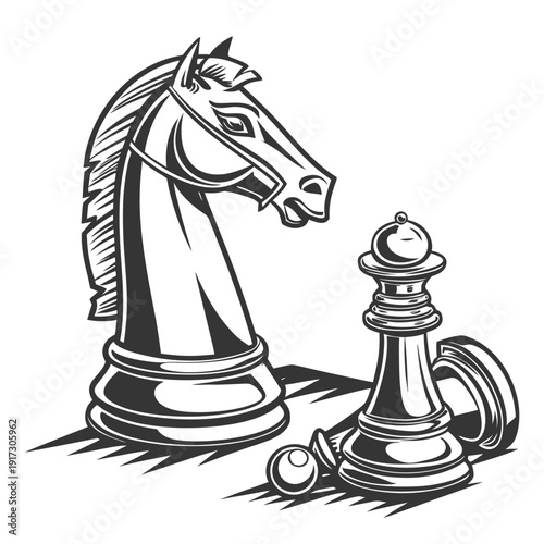 Black and white chess pieces knight and fallen king