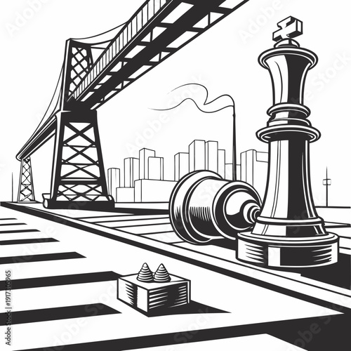 Black and white of king chess piece standing on road with fallen pawn and cityscape