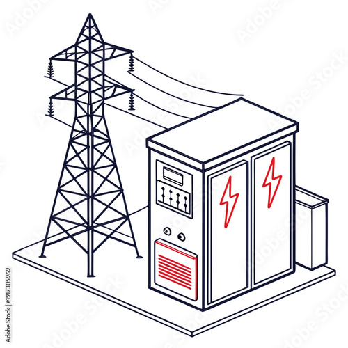 Electrical substation with power transmission tower and transformer