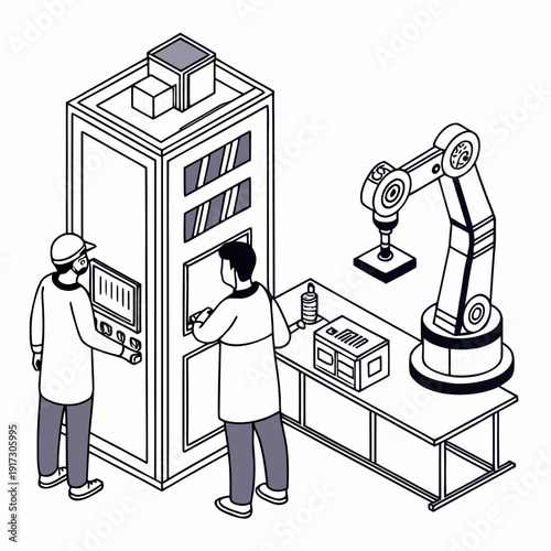Isometric view of two technicians operating industrial robotic arm and control panel