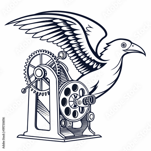 Black and white of a bird on a mechanical device with gears