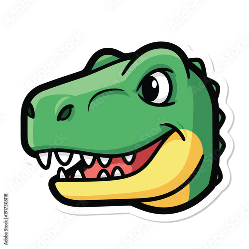 A cartoon crocodile with sharp teeth and a wide open mouth is depicted in a humorous illustration style.