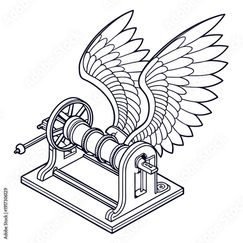 Winged mechanical device with crank handle winged machine