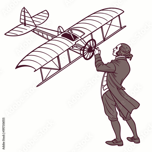 Vintage man holding biplane model airplane brown