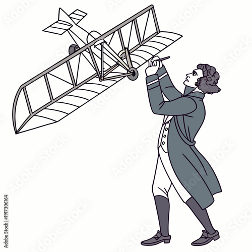 Man in historical clothing holding biplane model airplane
