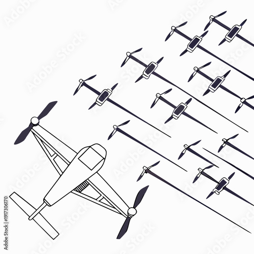 Black and white of a large airplane leading a formation of smaller drones