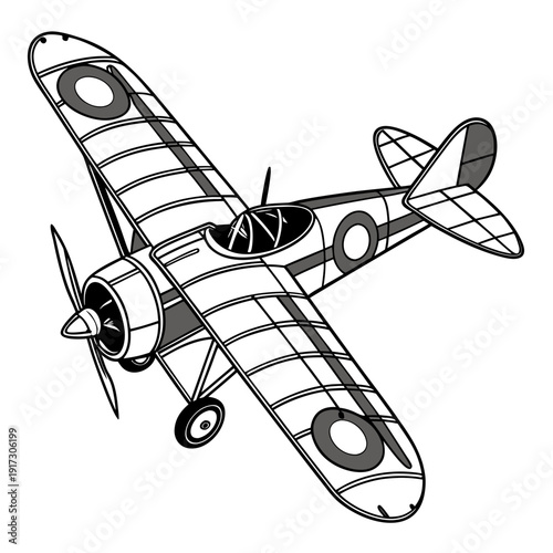 Black and white vintage airplane with propeller and roundel markings