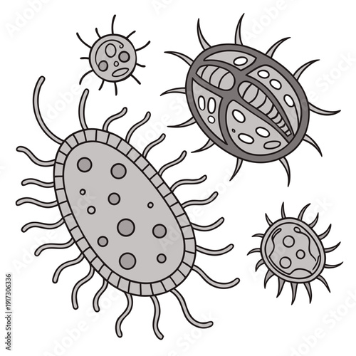Gray of bacteria and viruses with various shapes and flagella