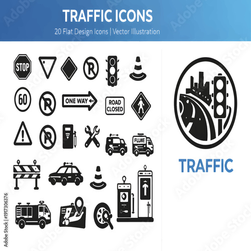 Modern Traffic Safety Icon Collection – A clean and colorful set of essential road and traffic symbols representing safety, direction, regulation, and emergency services in urban transportation system