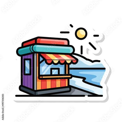 Colorful Beachside Kiosk with Vibrant Awnings Overlooking the Ocean on a Sunny Day