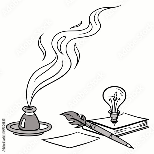 Black and white of inkwell with smoke and pencil on book with lightbulb