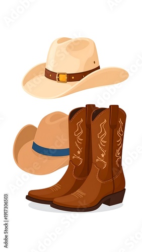 Wallpaper Mural Cartoon illustration featuring a cowboy hat and a hat with a blue band, with a pair of leather boots Torontodigital.ca