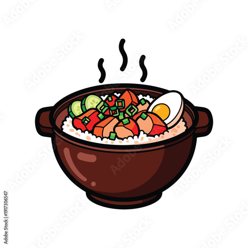 A steaming hot bowl of rice topped with fresh vegetables, shrimp, and a boiled egg, served in a brown ceramic bowl from a close-up viewpoint.