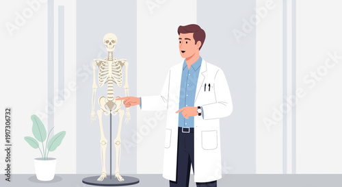 Doctor Explains Human Skeleton Anatomy with Model in Modern Clinic