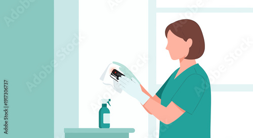 Healthcare worker sanitizing medical equipment with spray bottle