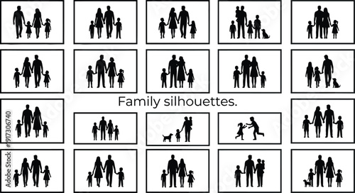 Family silhouettes collection, parents and children standing together, happy family poses isolated on white background vector illustration set