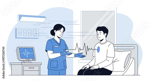 Nurse Explaining Heartbeat Monitor Results to Patient in Hospital Room