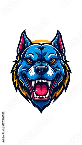 Wallpaper Mural Cartoon illustration featuring a vibrant blue wolf's head with sharp teeth, glowing eyes, and fur details against a white background Torontodigital.ca