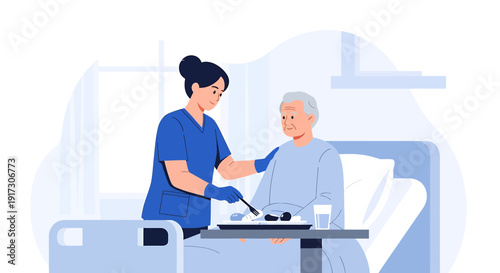 Nurse feeding elderly patient in hospital bed, caregiving illustration