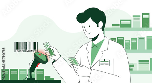 Pharmacist Scanning Medicine Package with Barcode Scanner in Pharmacy