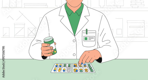 Pharmacist holding medicine bottle and sorting pills in blister packs