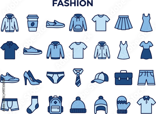 Fashion clothing icons set, casual wear and accessories collection, apparel outline vector illustration isolated on white background