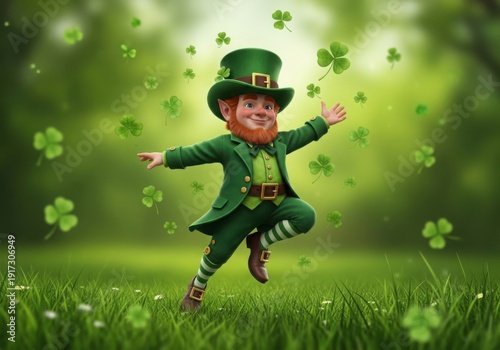 Cheerful leprechaun dancing amidst a field of green clovers and shamrocks.