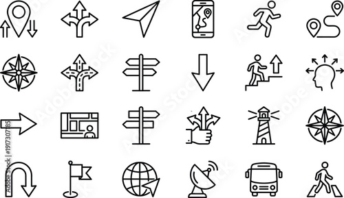 Navigation and direction line icons set, map location route and compass symbols isolated on white background vector