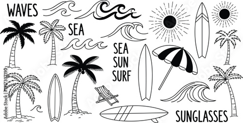 Summer beach surfing icons set, palm trees ocean waves sun surfboard elements, cad drawing flat vector illustration, tropical holiday travel,