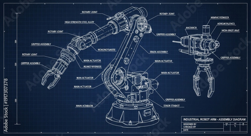 Industrial robotic arm blueprint technical drawing schematic.