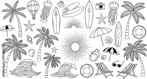 Summer beach vacation elements, tropical palm trees ocean waves sun surfboards, cad drawing flat vector illustration, holiday travel icons, jellyfish,