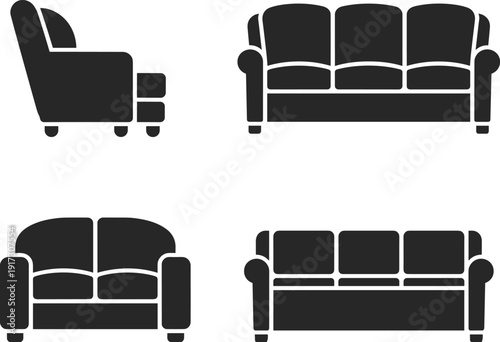Vector illustration of sofa and armchair silhouettes, showing diverse furniture styles, seating design, modern interior arrangement, and minimalist home lifestyle decoration